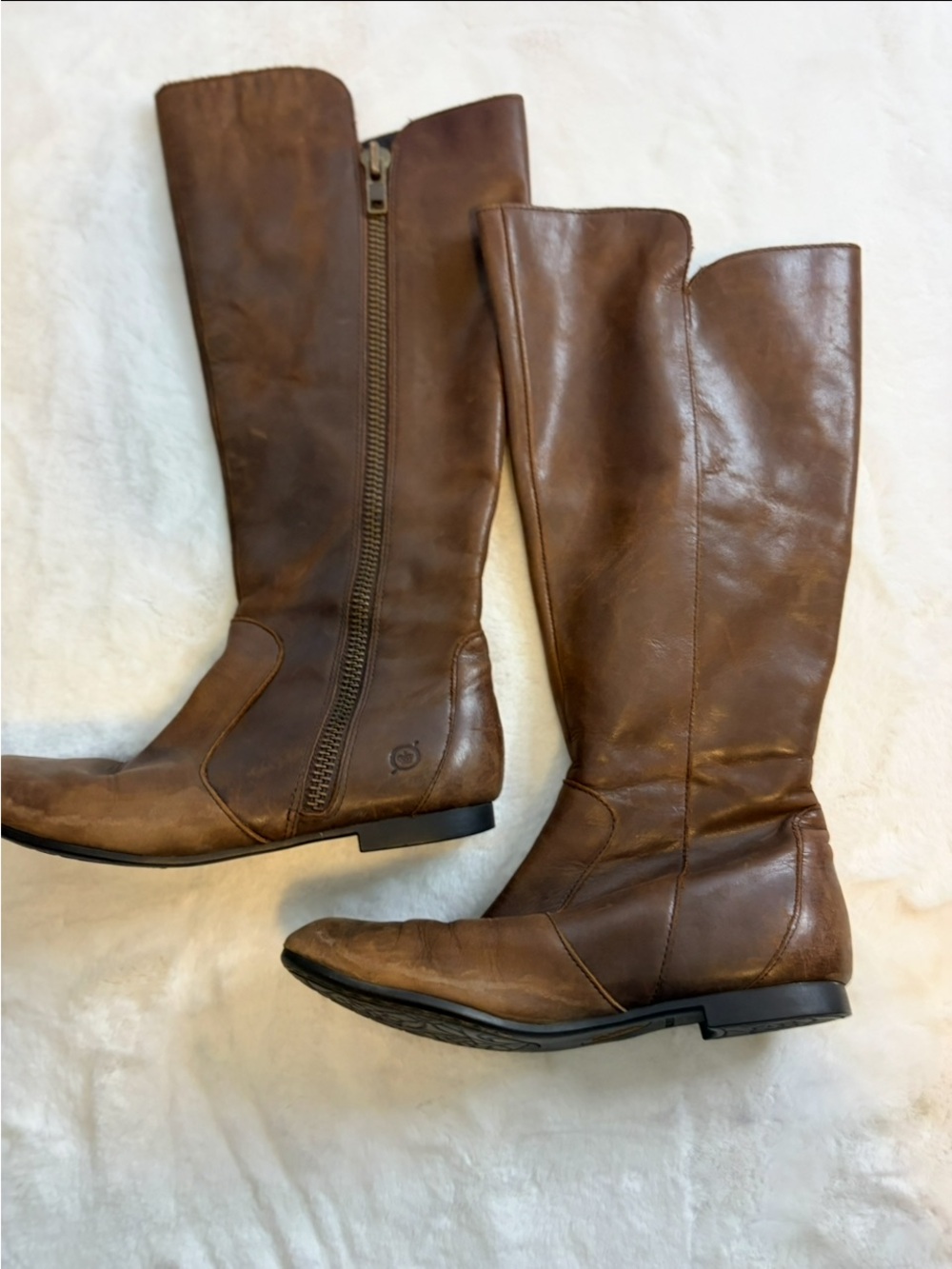 Born Women’s 6.5 Brown Leather Tall Riding Boots Full Zip Plaid Lined